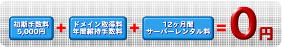 初期手数料+ドメイン取得料と年間維持手数料+12ヶ月間サーバーレンタル料が0円にさせて頂きます。